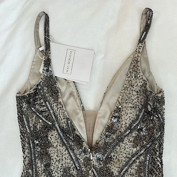 MAC DUGGAL Embellished Sleeveless Plunge Neck Low Back Gown Silver 5517 NWT - Picture 8 of 14